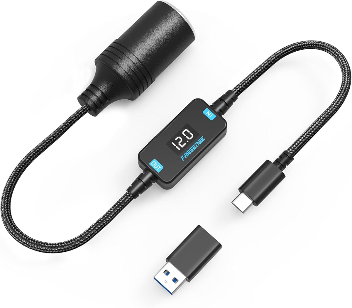 FARSENSE USB C to 12V Cigarette Lighter Adapter-USB C to 12V Adapter,Type C Male to 12V Cigarette Lighter Socket Female Cable(1FT) Supports Voltage Display for Dash Cam,GPS,Driving Recorder,Etc 1 Pack
