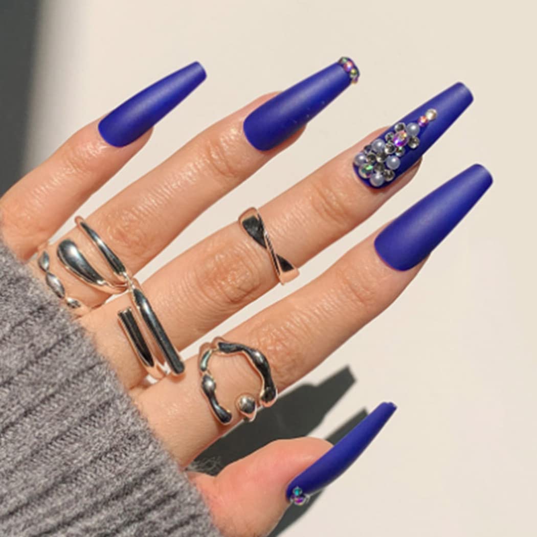 Uranian Blue Press on Nails Long Coffin Fake Nails with Designs Luxury Rhinestone Ballerina Full Cover False Nails Acrylic Nails Tips for Women and Girls (24pcs) (Blue)