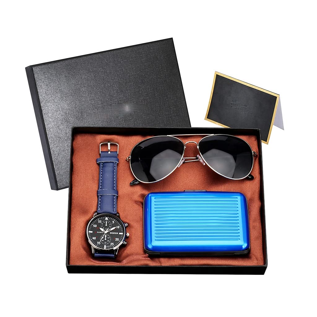 HMTE Orologio da Uomo Set Orologio da Polso al Quarzo Custodia per Carte di Credito Occhiali da Sole Set Regalo Compleanno Ringraziamento Regali di Natale (Color : Blue) (Blue)