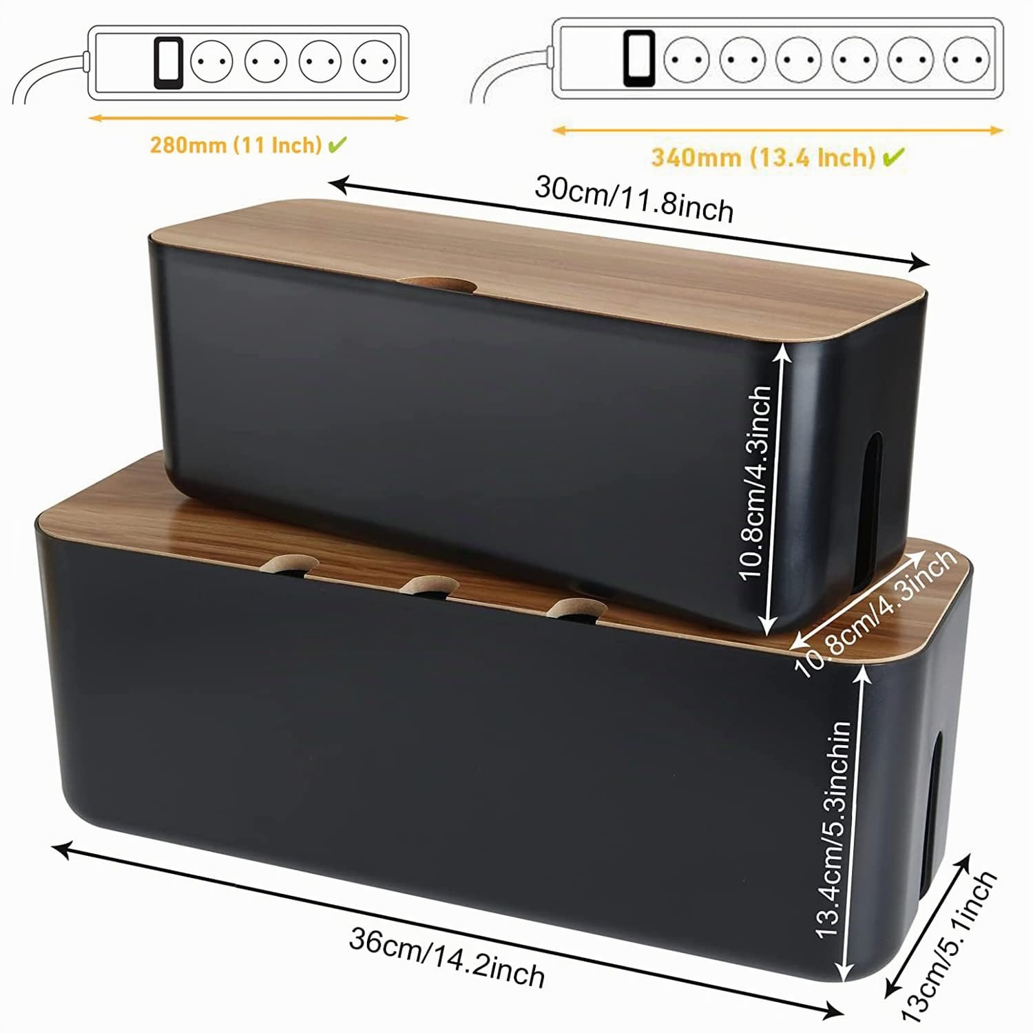 SENENQU 2 Pezzi Scatola Porta Cavi Nera, Nascondi Cavi per Ciabatte e Prese, Organizer Elegante con Coperchio Effetto Legno, Aperture Laterali, Adesivi 3M, per Scrivania Casa Ufficio
