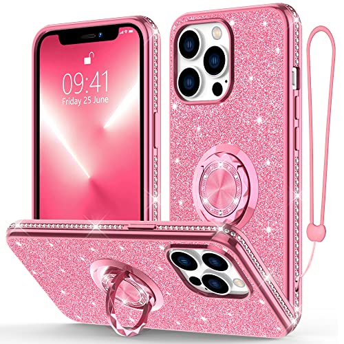 Henpone Designed for iPhone 13 Pro Max Case, Women Glitter with Ring Stand Cell Phone Basic Case for iPhone 13 Pro Max 6.7 inch Pink