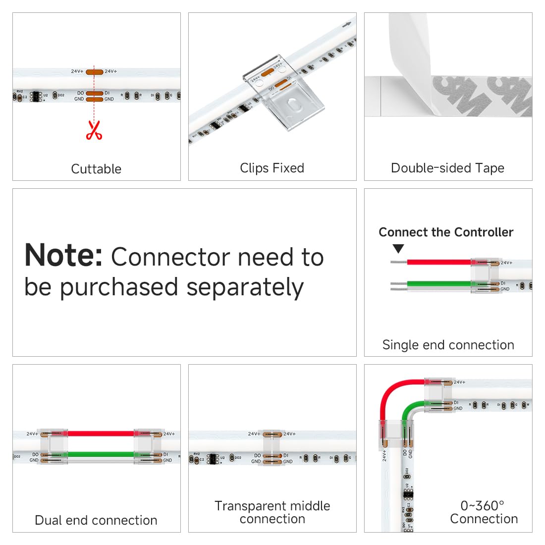 BTF-LIGHTING FCOB COB RGBCCT SPI LED Streifen Adressierbarer Dual IC Dimmbar RGB+CCT Einstellbares Weiß 3000K-6000K Flexibel LED Band 5M 840LEDs/m 24V IP30 Weiße PCB für Heimdekoration(Nur Streifen