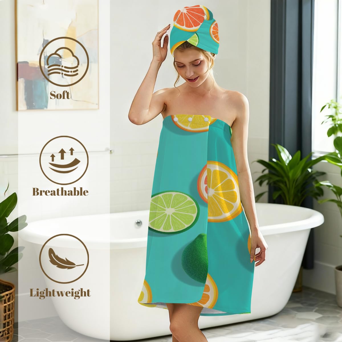 2 Sets Mikrofaser-Duschtuch mit Haarhandtuch, Zitrusscheiben, Grapefruit, weiche Körperwickel, Kleid mit Haartrocknungskappe für Strand, Pool, Spa
