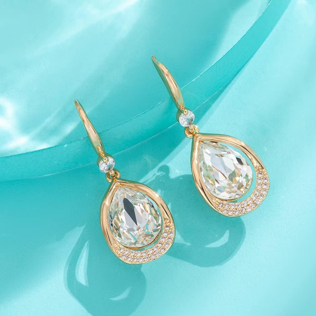 Austrian Crystal Halo Teardrop Hollow Drop Dangle Earrings for Women 14K Rose Gold Plated Hypoallergenic Jewelry Gifts - Image 5