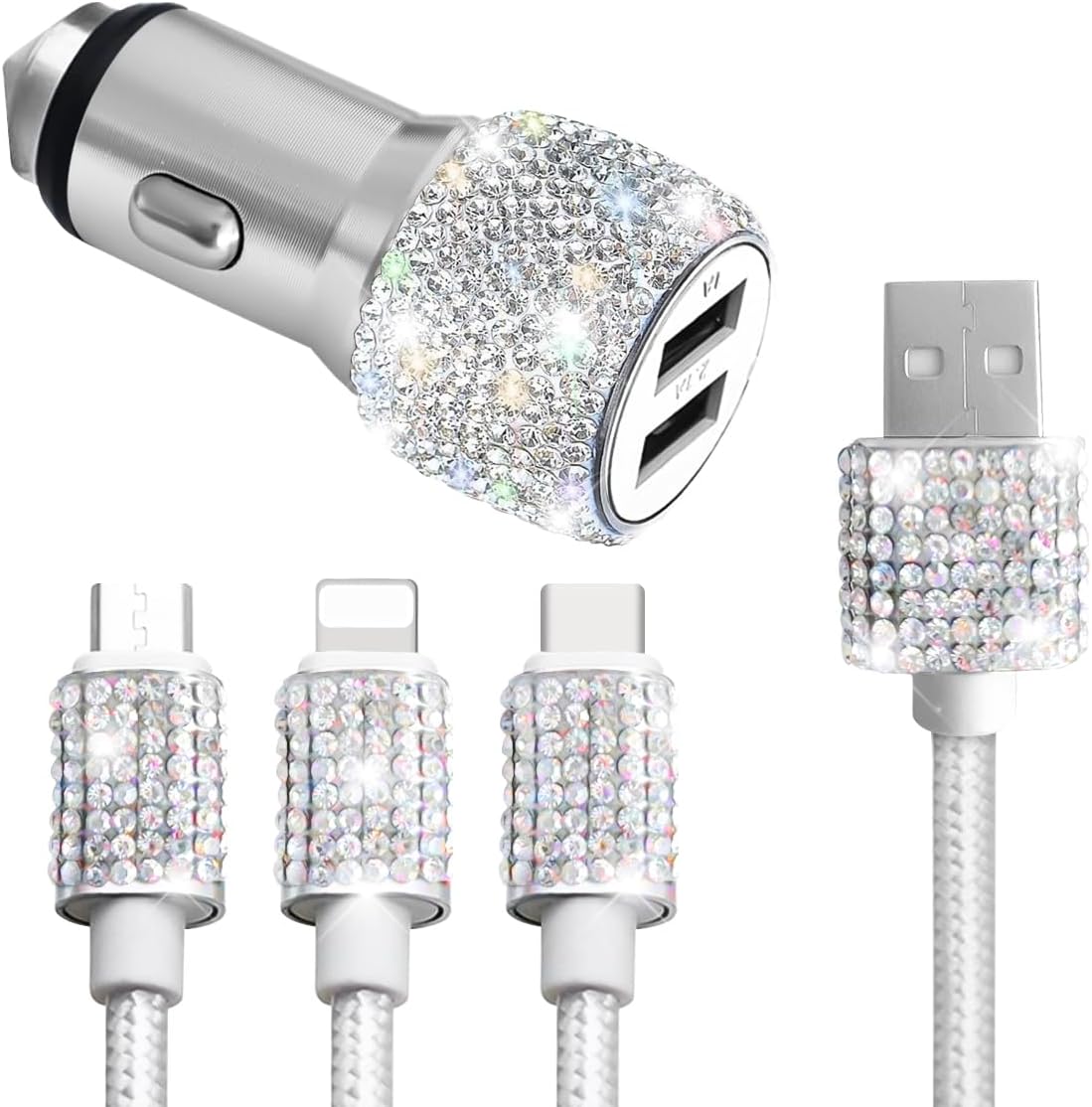 Bling Dual USB Car Charger with 3-in-1 Multi Fast Charging Cable, Dual Port Charger Adapter with Type C Micro USB Cord for iPhone, Android, Rhinestones Car Interior Accessories for Women(White)