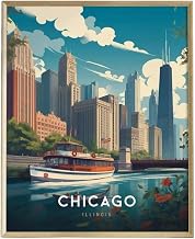Chicago Framed Travel Poster Print Wall Art (Black Floating Frame Canvas, 18x24)