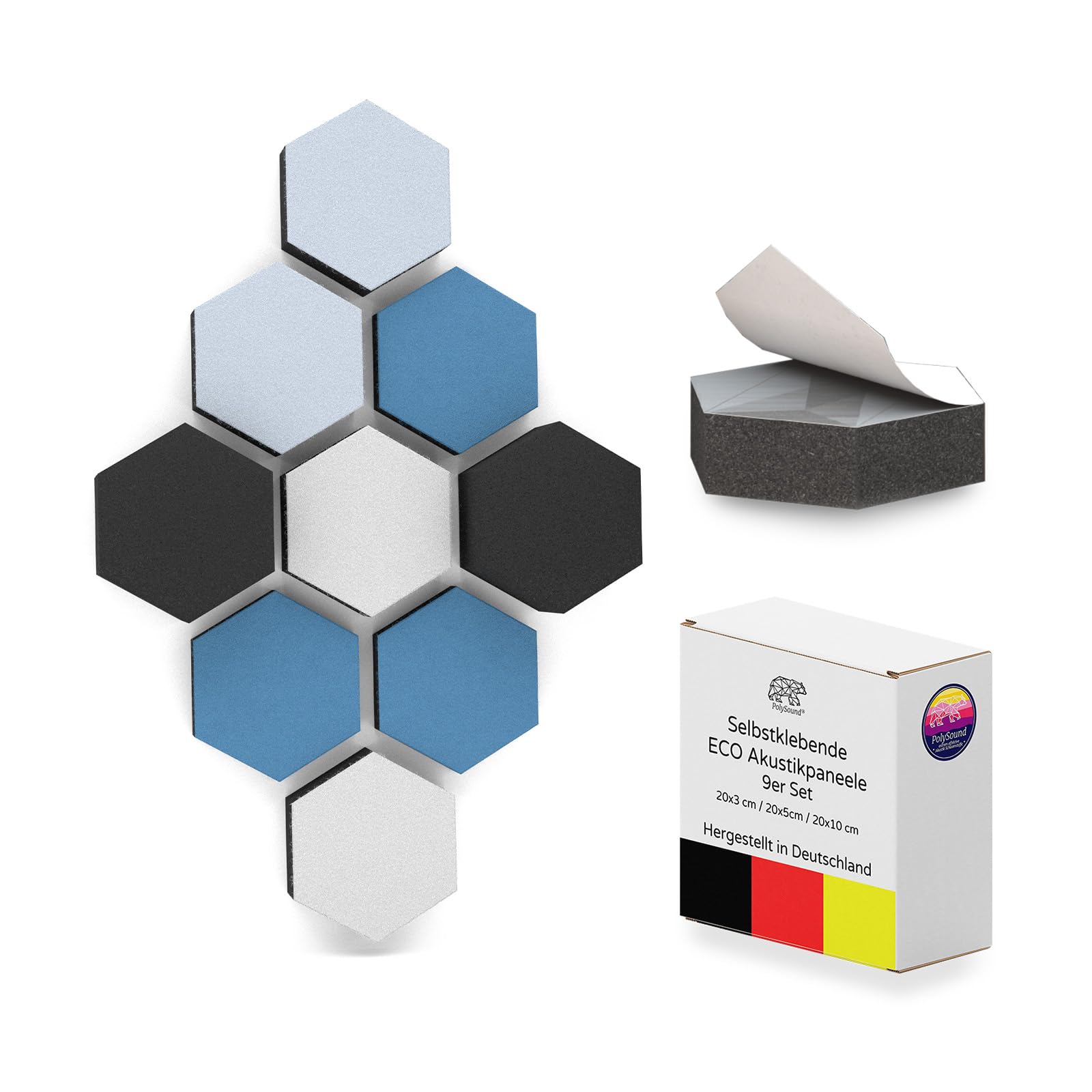 PolySound ECO Akustikpaneele - selbstklebendes 3D-Hexagon-Design - Schallschutz für Büro, Gaming & Wohnen - wiederverwendbar & rückstandslos entfernbar - 9er Set (3-10 cm) - Breezy Blue