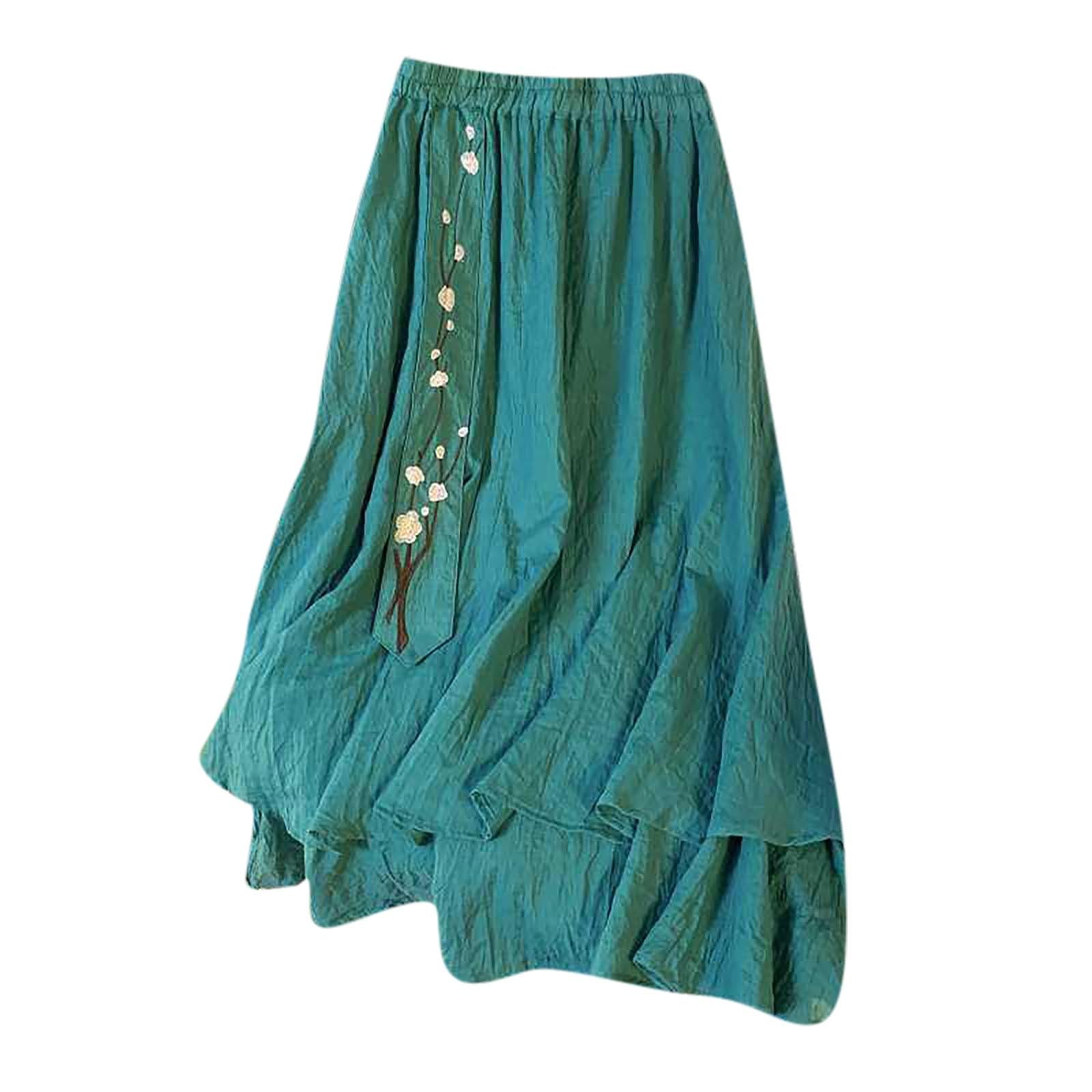 High Waisted Skirt for Women Cotton Linen Midi Flowy Skirts Fall Loose Casual Vintage Elastic Waistband Skirts
