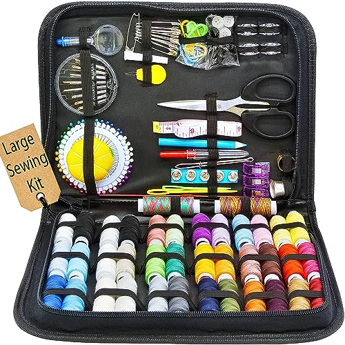 Kit de costura, 200 accesorios de costura premium con estuche negro, 41 bobinas de hilo XL, minikits de costura para bricolaje, principiantes, emergencias, niños, viajes y hogar, con tijeras,