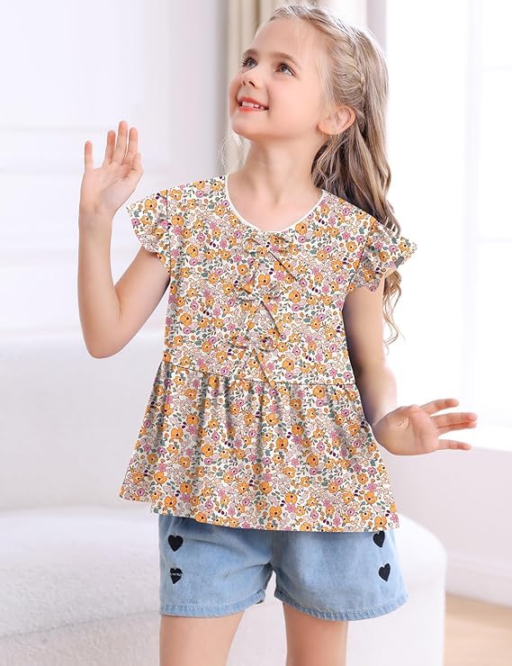 Image of Ivicoer Girls Summer Shirts Kid Flying Ruffled Short Sleeve Tops Big Girl Casual Flowy Babydoll Shirt Fashion Soft Basic Cute Button Down Shirt Comfy Clothes Classic Tops Size 5-6y 5 6 Year Old