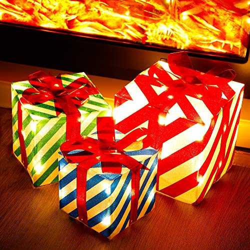 ATDAWN Set Of 3 Lighted Gift Boxes Christmas Decorations, Prelit Light Up