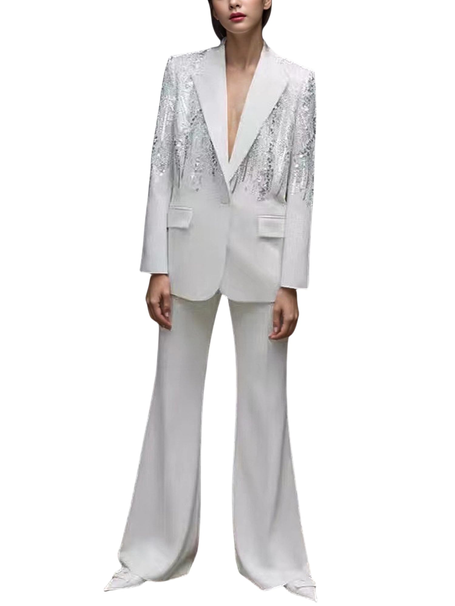 Womens Beaded Embroidery Sequins Pants Sets Female 2 Piece Outfits Blazer Pantsuits for Lady Suits Outfits