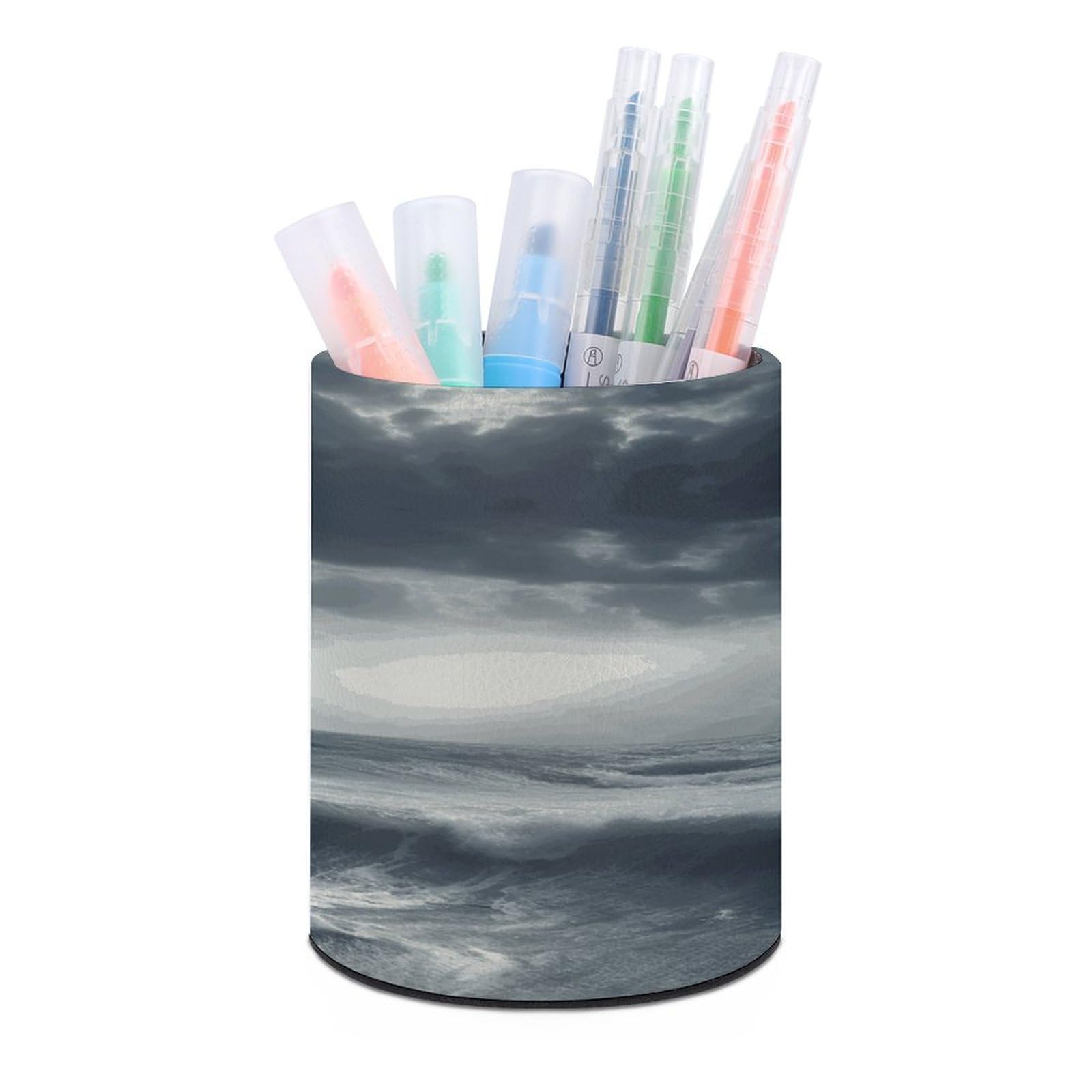 LDGSUPH Stormy Sea Round Pen Holder Leather Pen Cup Pencil Cup Pen Organizer Pencil Holder for Desk Organizer Pencil Organizers Makeup Brush Holders for Home Office Gift