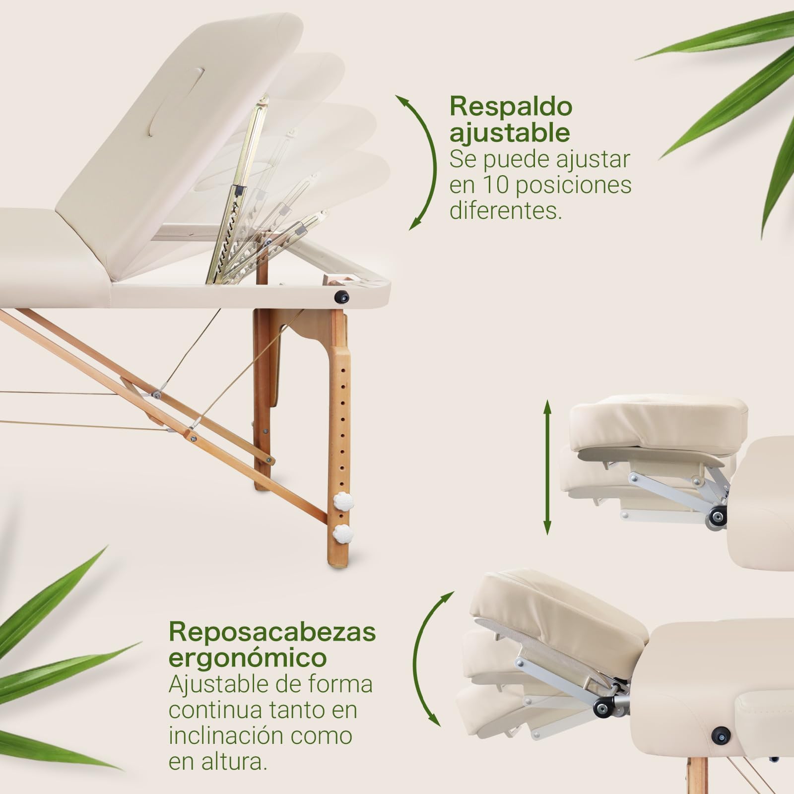 MASSUNDA All - Tumbona de Masaje Plegable y de Altura Regulable de Madera Maciza, Mesa de cosméticos móvil con Funda de Rizo, reposabrazos y Respaldo, cojín Cervical, reposacabezas ergonómico