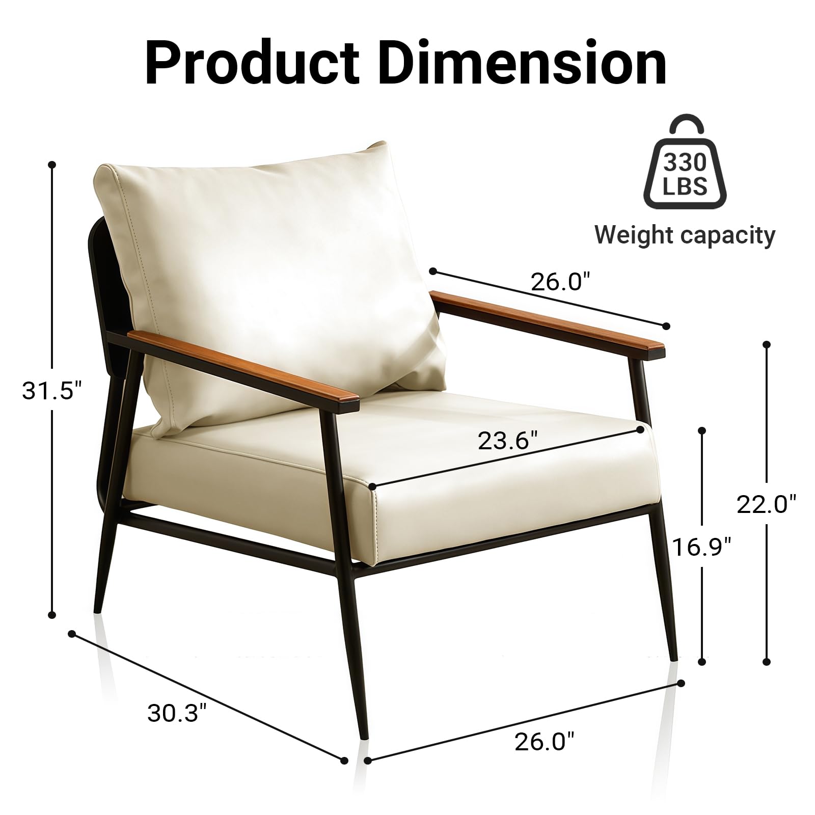 Silla decorativa, sillón de piel sintética con marco de metal, cómoda silla de lectura con cojines y reposabrazos de madera para sala de estar, dormitorio, comedor