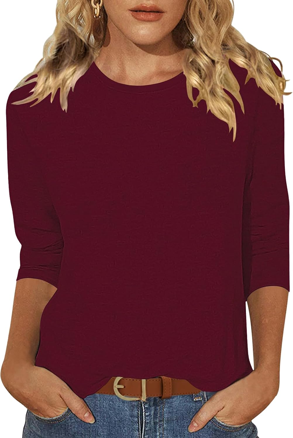 Sherosa Womens Casual 3/4 Sleeve T Shirts Crew Neck Loose Fit Tunic Tops Solid Basic Tops Tees