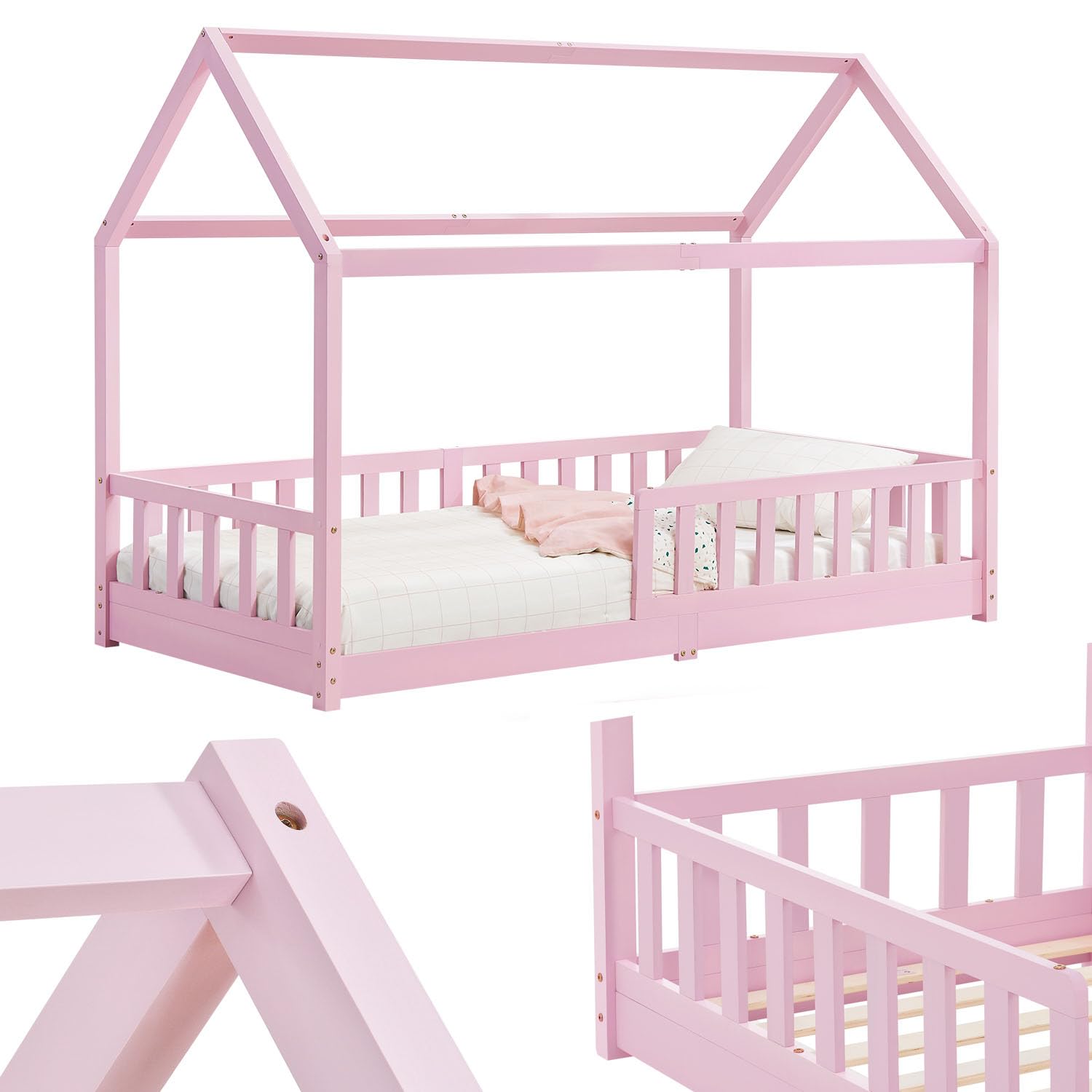 Juskys letto per bambini Marli 90 x 200 cm con barriera anticaduta, rete a doghe e tetto - Letto casetta in legno massiccio per bambini - Colore Rosa