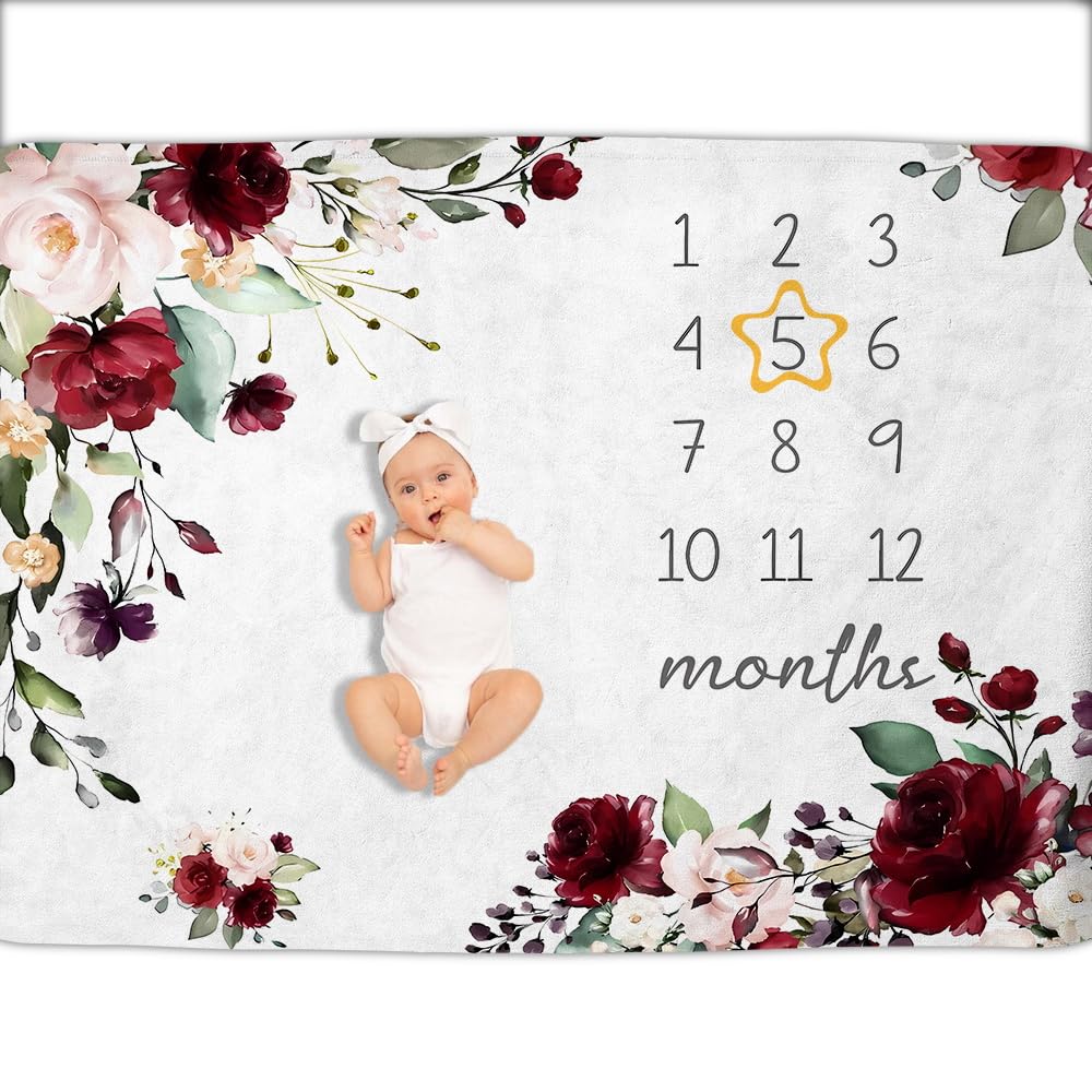 OLIVE OLIVIA Personalized Monthly Baby Milestone Blanket,30"x40"