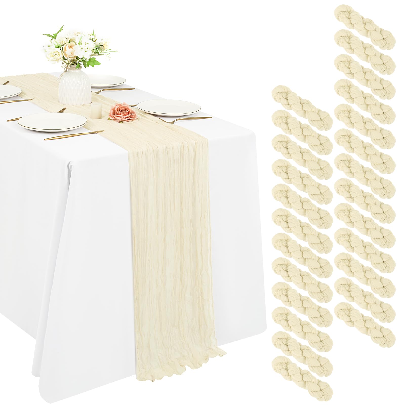 25 Pack Cheesecloth Table Runner 20 x 157 inch Long Boho Gauze Table Runners 13FT Semi Sheer Table Runner for Wedding Decor, Baby Shower, Birthday Party, Banquet (Ivory) — image 1