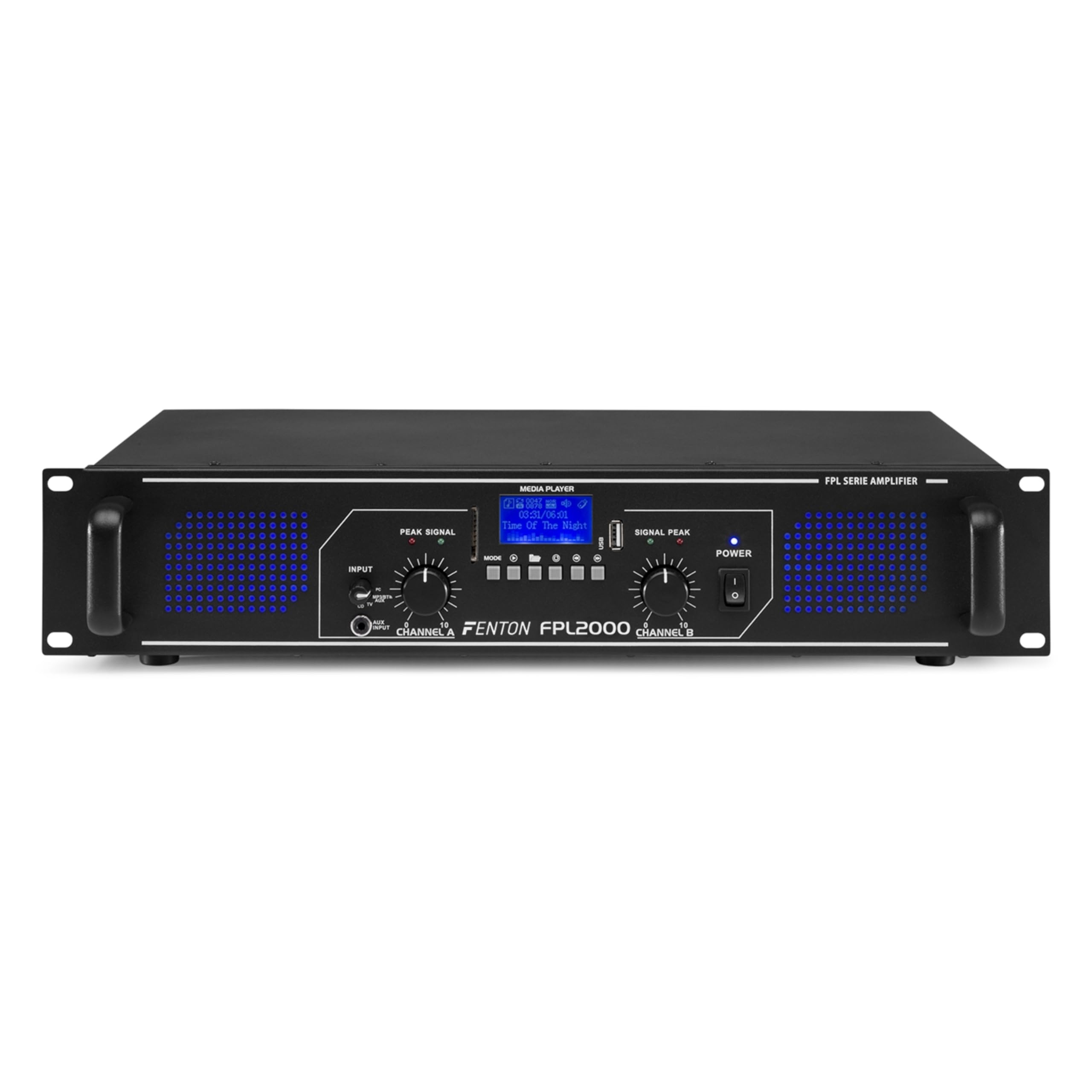 Fenton MAX212 + FPL2000 - Set DJ 5600W con 4 Altavoces Doble 12" y Amplificador Digital Clase D Bluetooth con USB/SD, Mando a Distancia, Pantalla LCD e iluminación LED Azul Profesional