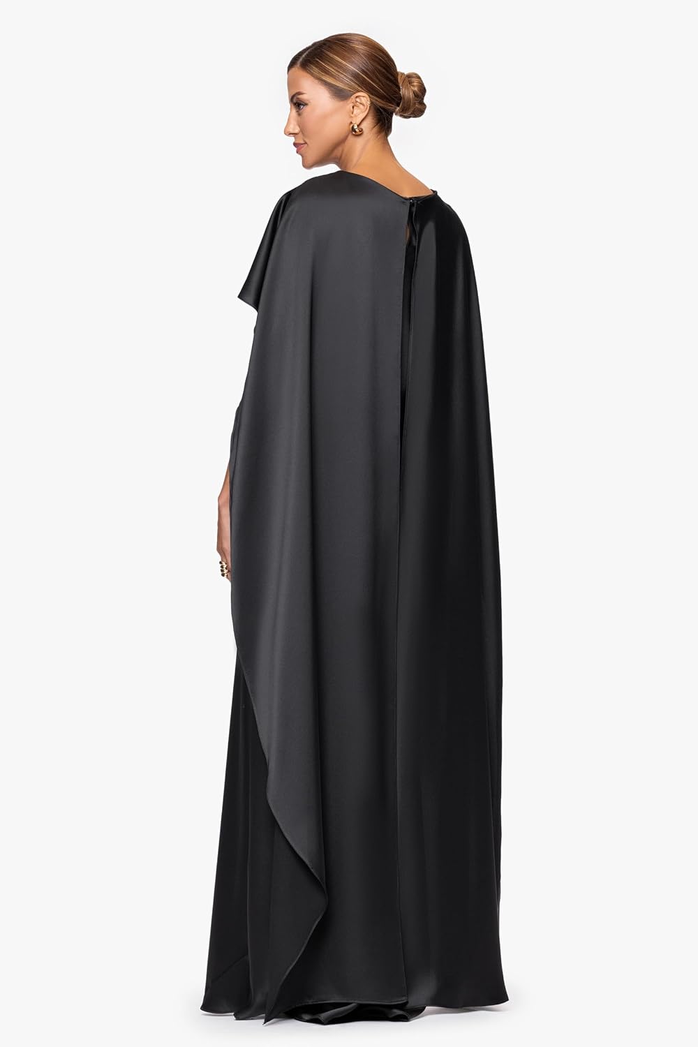 Xscape Women's Satin Boat Neck Cape Overlay Floor Length Dress