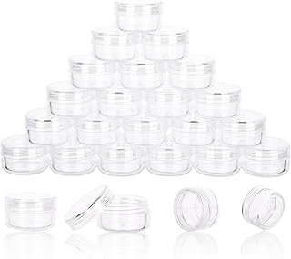 5 Gram Sample Containers with Lids, 25 Count 5ML Clear Sample Jars, Empty Lip Balm Containers with Lids, Small Makeup Travel Containers for Glitter, Lotion, Cream, Beads, with Labels, Mini Spatulas