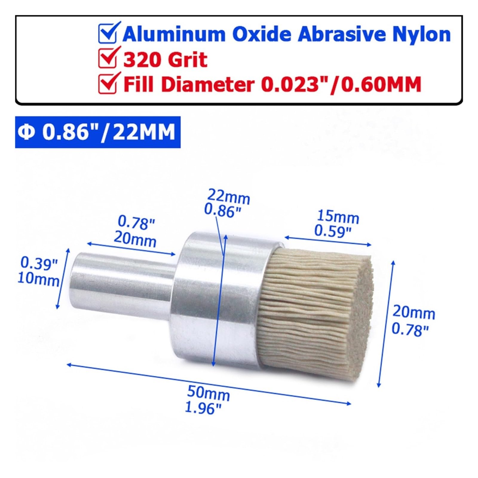 Nasadki szczotkowe do wiertarek, Zestaw szczotek końcowych metalowego koła garnkowego Wiertło Tlenek glinu Nylon ścierny 4-28 mm, ziarno 240-500(Grit320 Diameter22mm)