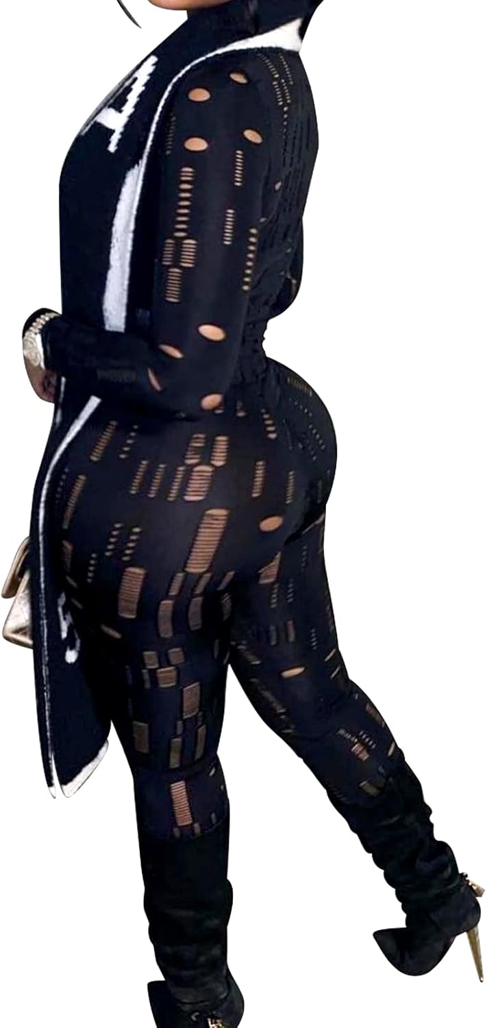 Sexy Women Two Piece Outfits Hollow Out Long Sleeve Crop Top Bodycon Pants Set - Image 3