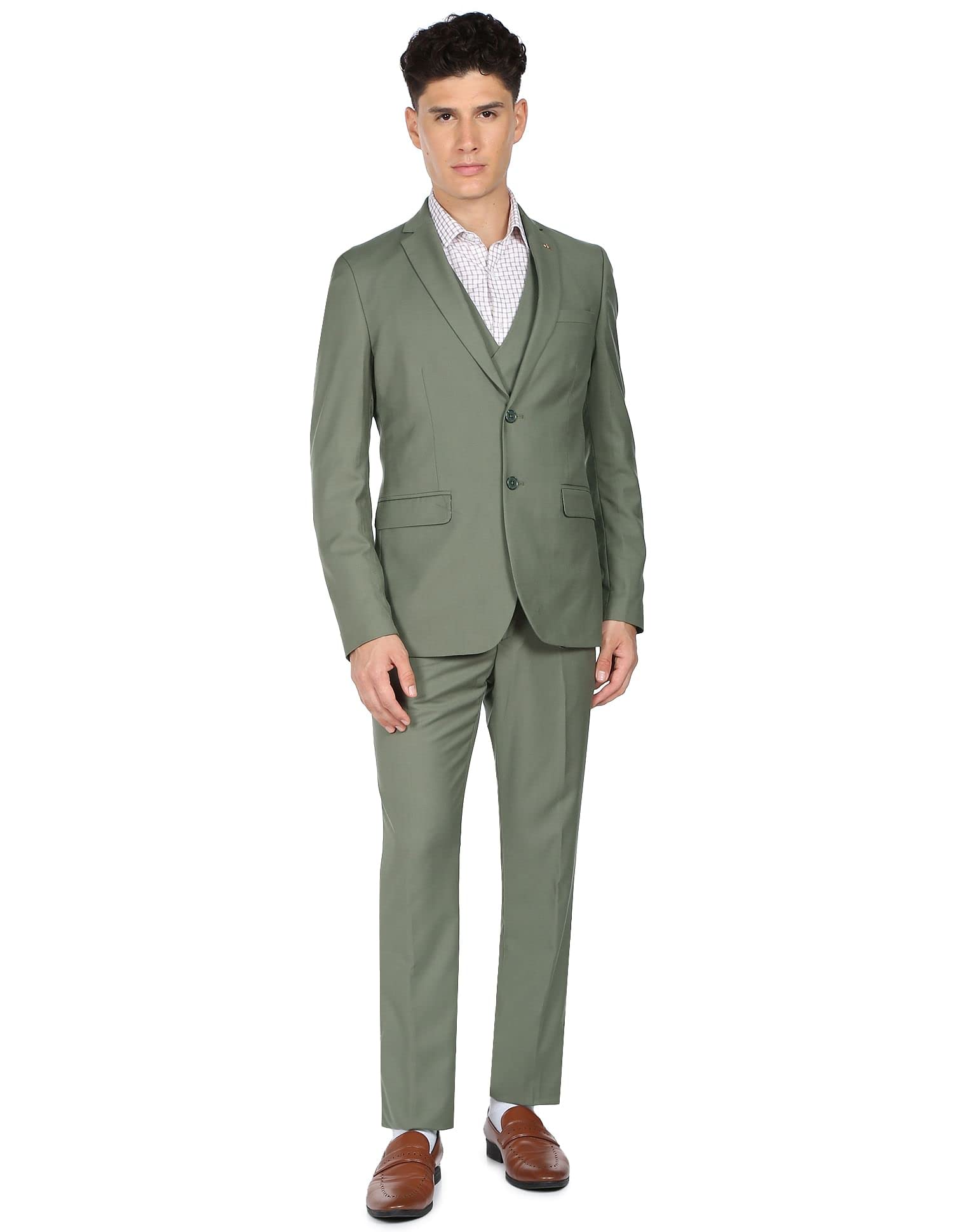 arrow Men Green Tailored Regular Fit Three Piece Suit-picture-25