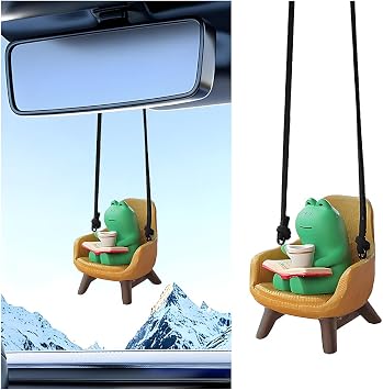 Frog Car Mirror Hanging Accessories, Swing Frog Sitting on Sofa Reading and Drinking Rear View Mirror Pendant, Kawaii Automotive Interior Rearview Charm, Universal for Most Vehicles