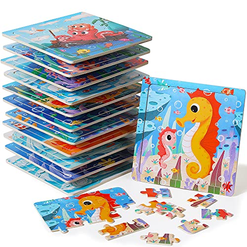 Image of GRINNNIE Wooden Puzzle for Toddlers 3 4 5 Years Old, 12 PCS Jigsaw Ocean Animals Puzzles Preschool Learning Toys for Travel or Car, Birthday for Boys and Girls