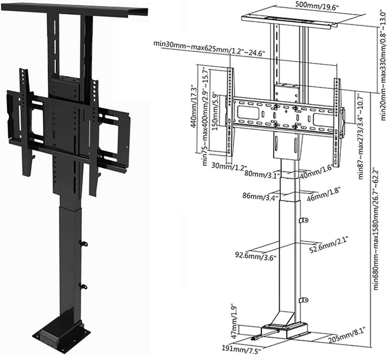 Adjustable TV Stand - for 42-65 Inch Electric TV Lifter - Telescopic Electric TV Lifter - Can Be Hidden in Cabinets Electric TV Stand