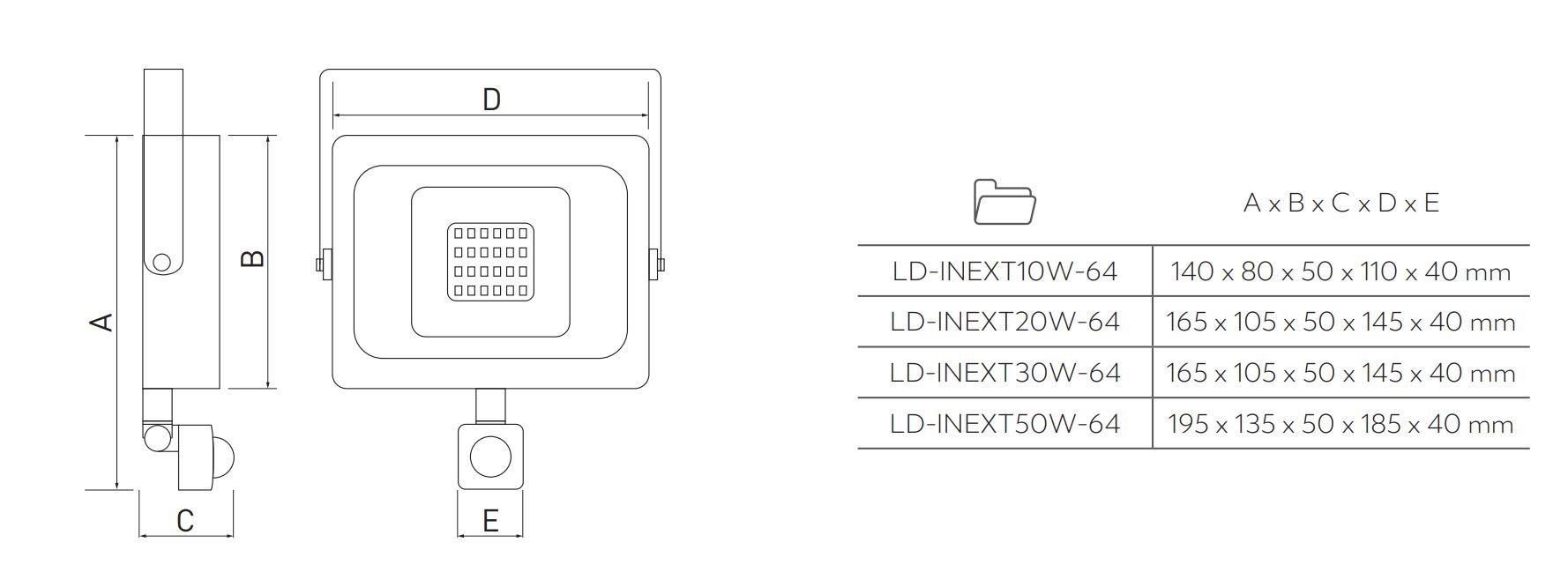 Reflektor LED z czujnikiem ruchu iNEXT 50 W, 4000 lm AC 220-240 V, 50/60 Hz, PF>0,9, RA>80, IP65, 120