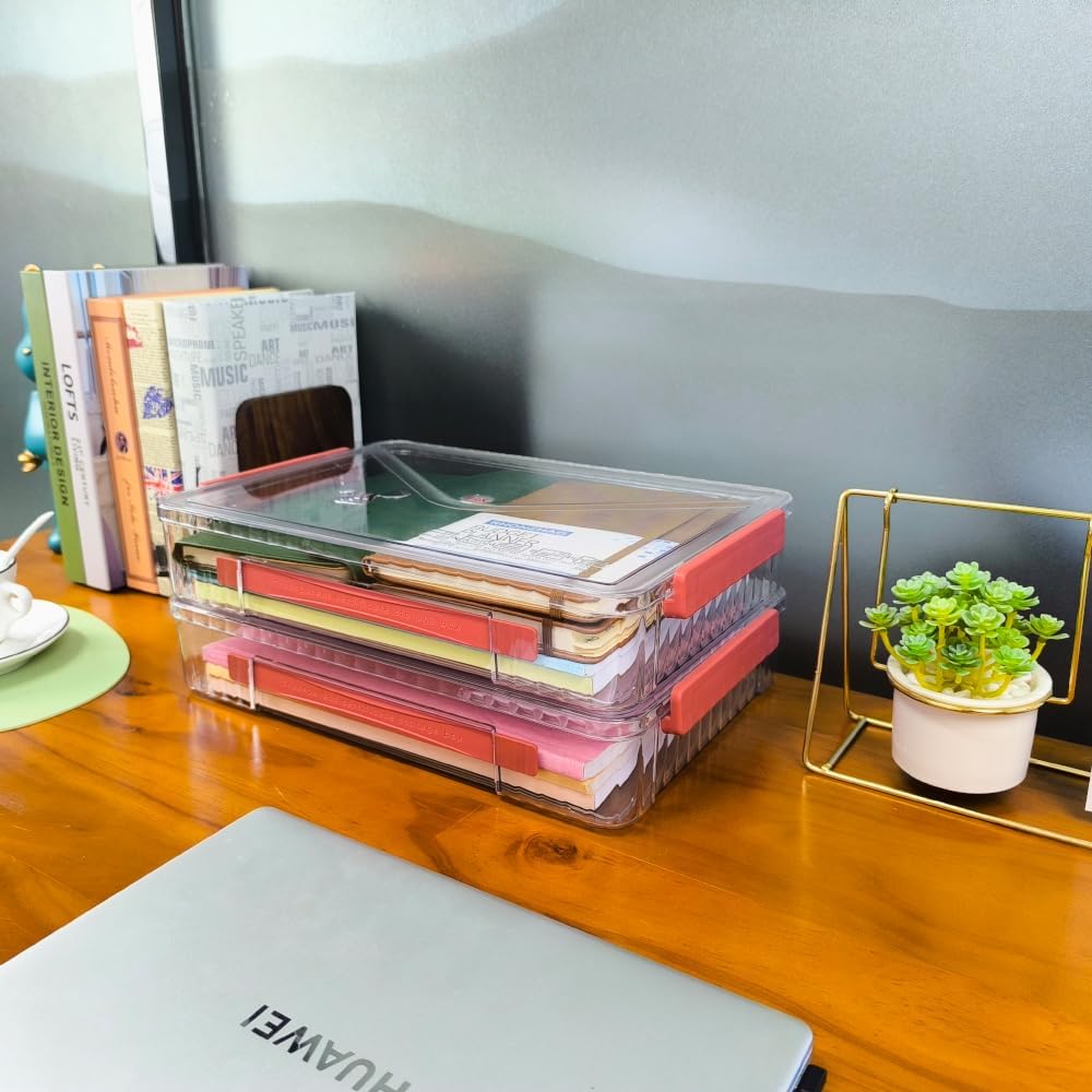 2 Pack Clear Plastic File Storage Boxes with Latching Lids, Transparent Certificate Organizer, Portable Project Case for Drawers, Clear Stackable File Box for A4 Files (‎Red Latches, Large)