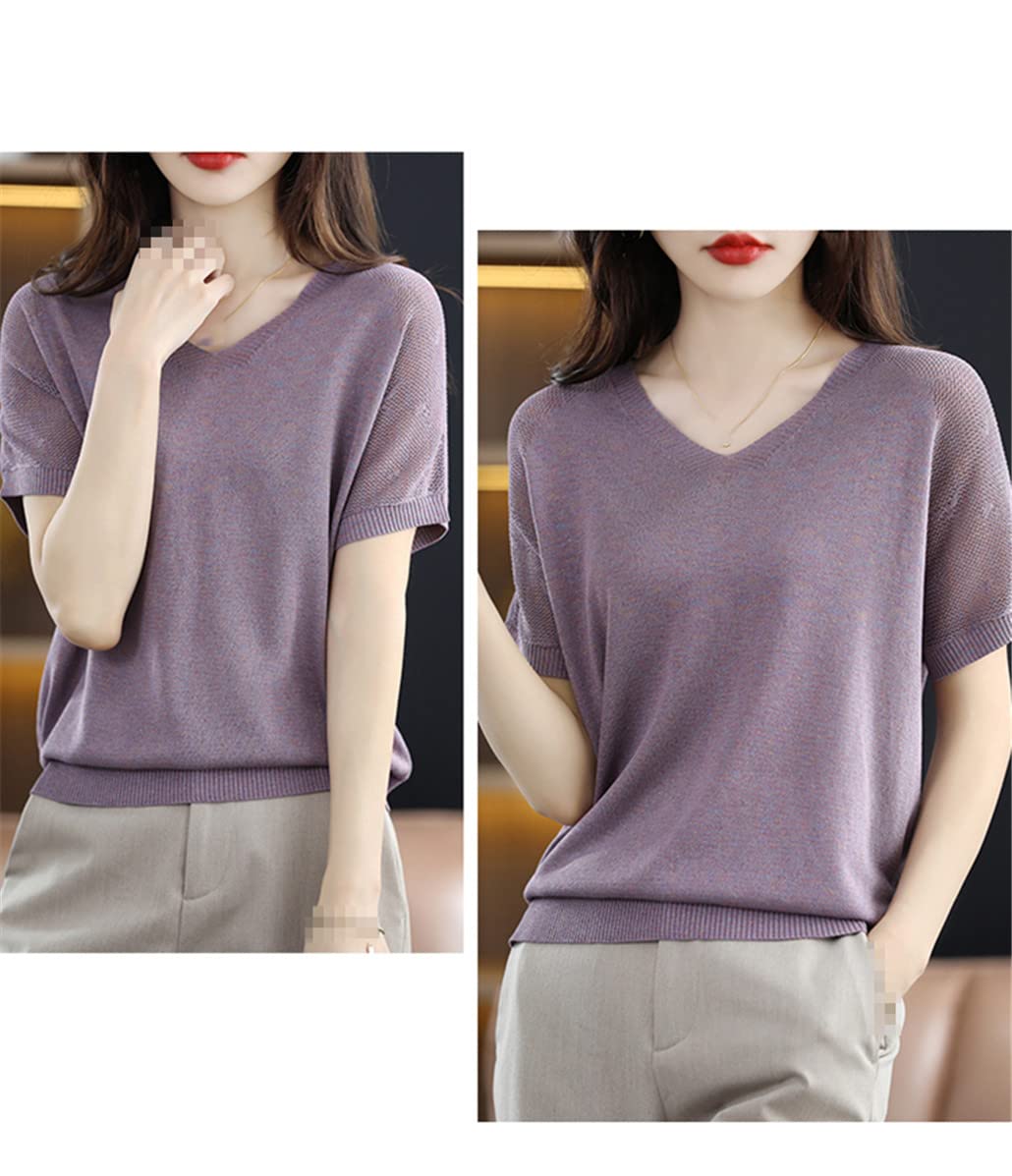 SaoBiiu Maglietta da donna estiva maglione lavorato a maglia manica corta casual allentato signore top scollo a V Tees Overside Hollow Pullover camicetta