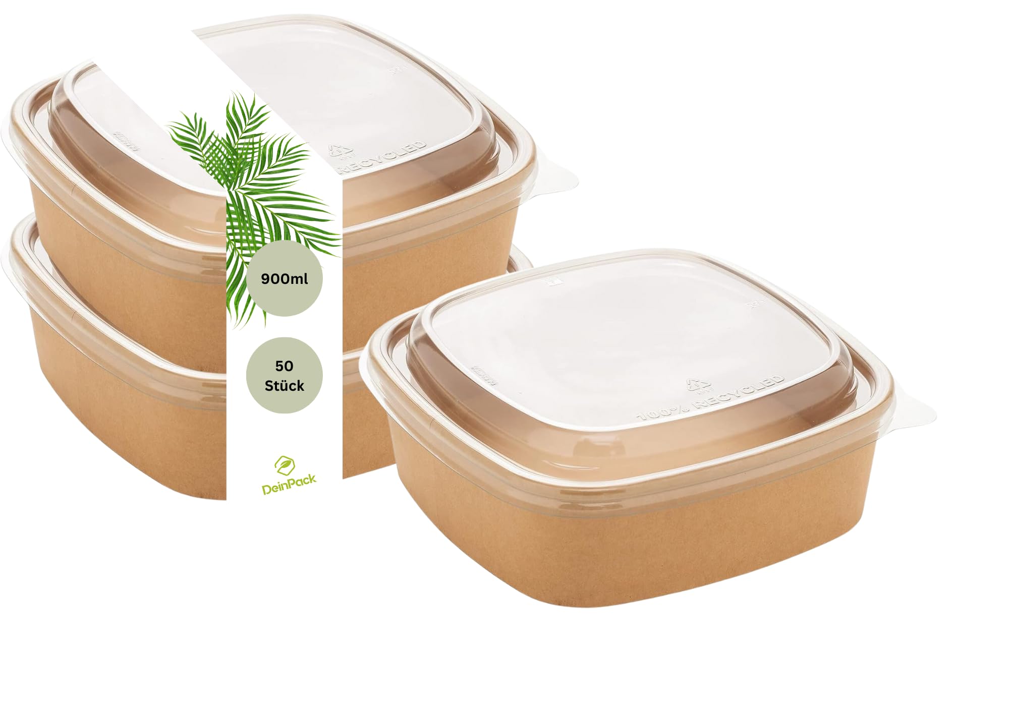 50 Salatschalen 900ml | to go Schalen mit Deckel braun eckig I Recycellbare Schalen Kraftkarton Verpackung mit PLA Beschichtung I Suppenschale | Eisschale | Deckel aus recyceltem PET