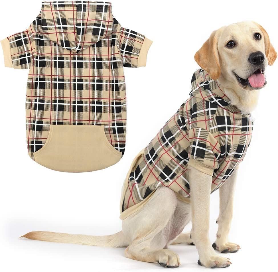 EXPAWLORER Britischer Stil Tartan Hundepullover - warmer Hundepulli mit Leinenloch, Fleece Futter Hundekleidung für Winter, Hundemantel für Welpen Kleine Mittel Groß Hunde - auch für Katzen, Beige XXL