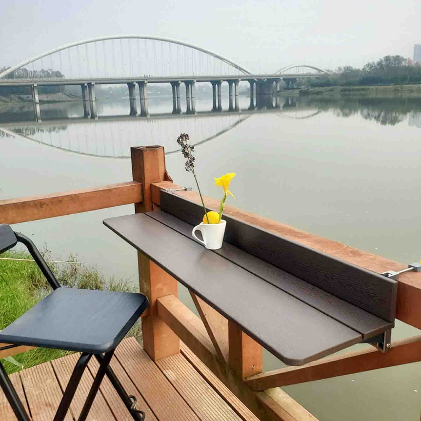 Table de balcon réglable et pliable – Table de bar d'extérieur légère de 60 à 120 cm pour balustrades – Table d'appoint murale à suspendre – Extension de comptoir de terrasse compacte Marron – 80 x 27