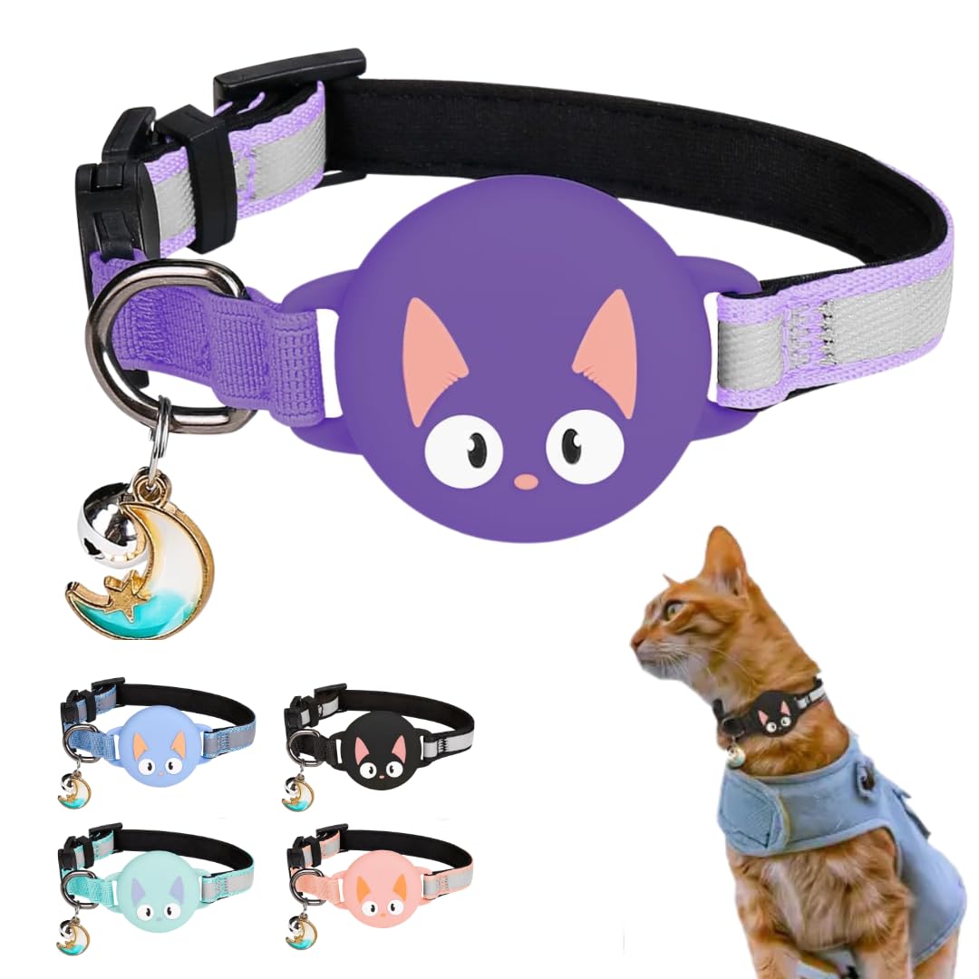Kittytag Purple Reflective Airtag Cat Collar With Air Tag Holder And Bell, Quick Release, Compatible With Airtag And Iphone