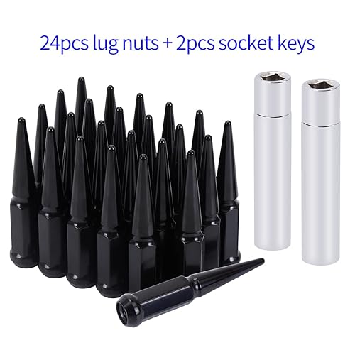 Miniatura 2 de M14x1.5 Tuercas de llanta de púa, juego de 24 unidades, color negro, con 2 llaves de vaso (hexagonal de 0.79 pulgadas, 4.4 pulgadas de alto)