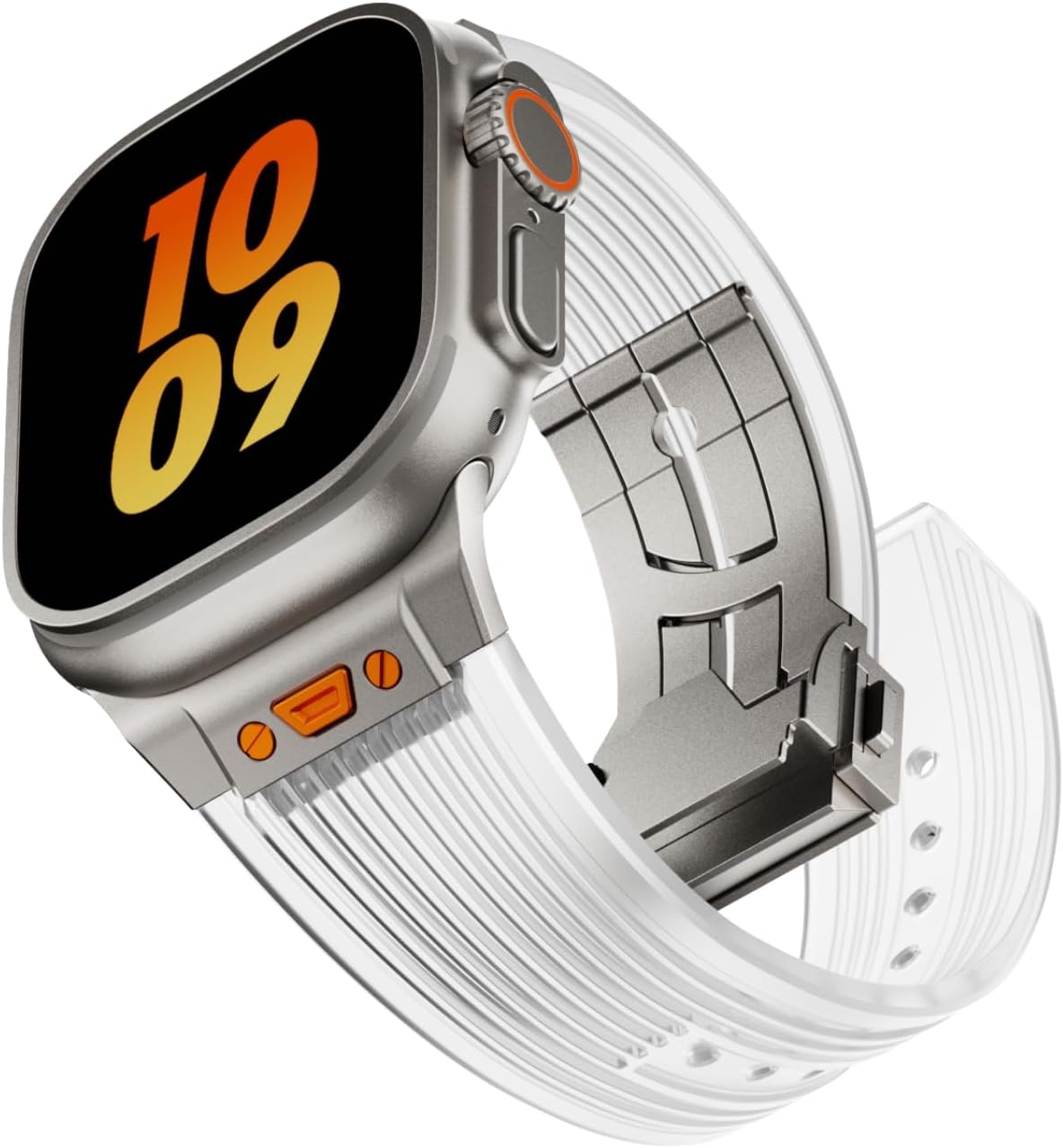 Clear Watch Band for Apple Watch Ultra 2 Band 49mm 45mm 44mm 42mm, Luxury Men Transparent Silicone Rubber Strap with Folding Clasp for iWatch Ultra Series 9 8 7 6 5 4 3 2 1 SE Clear-Titanium 49/45/44/42mm