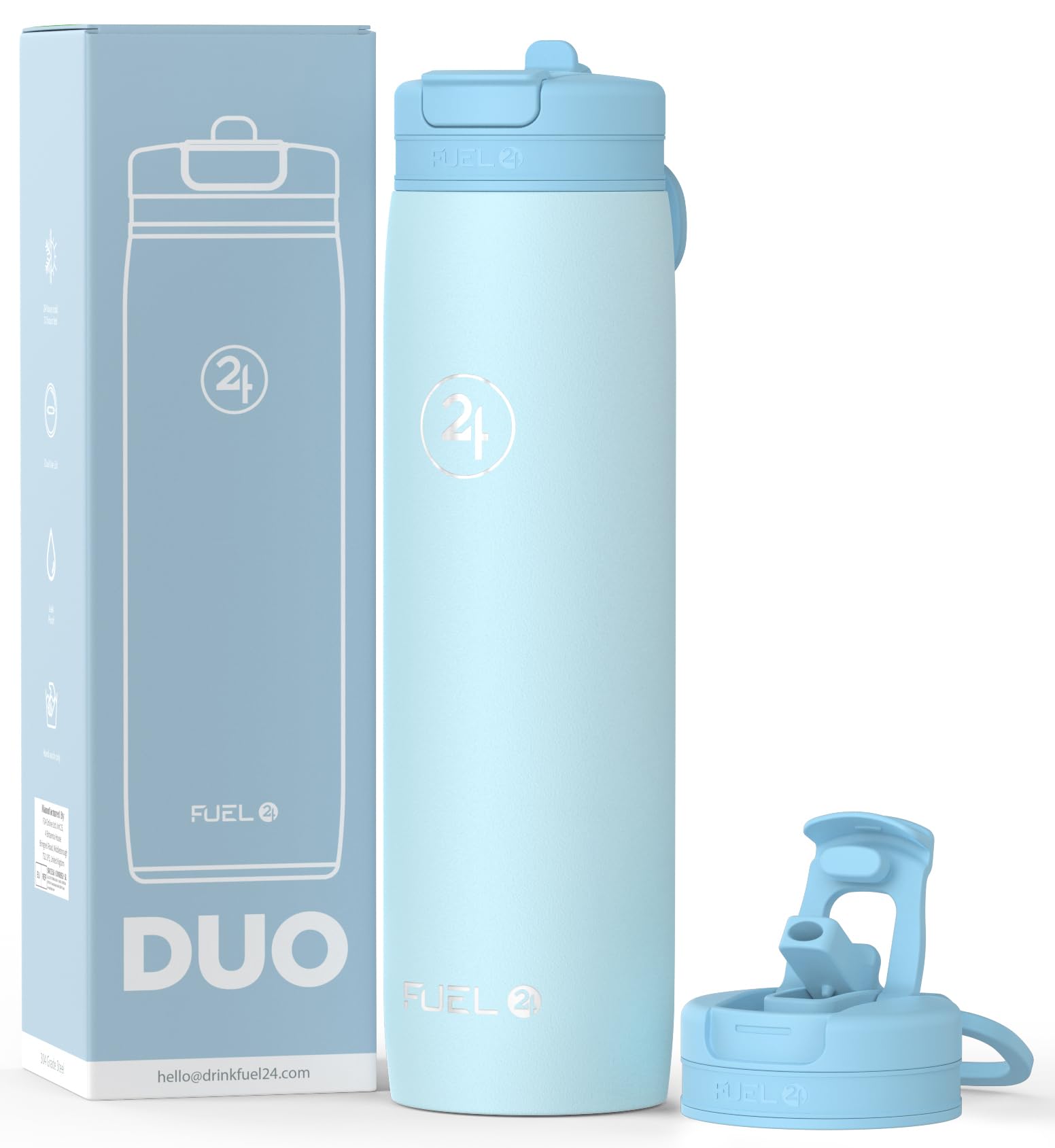 Fuel24 Duo - Stainless Steel Water Bottle 700ml or 1L - Vacuum Insulated Metal Flask with Straw (Dual use Lid) 1 Litre - for Sports, Gym, Work – Slim Design (Sky, 700 ml)