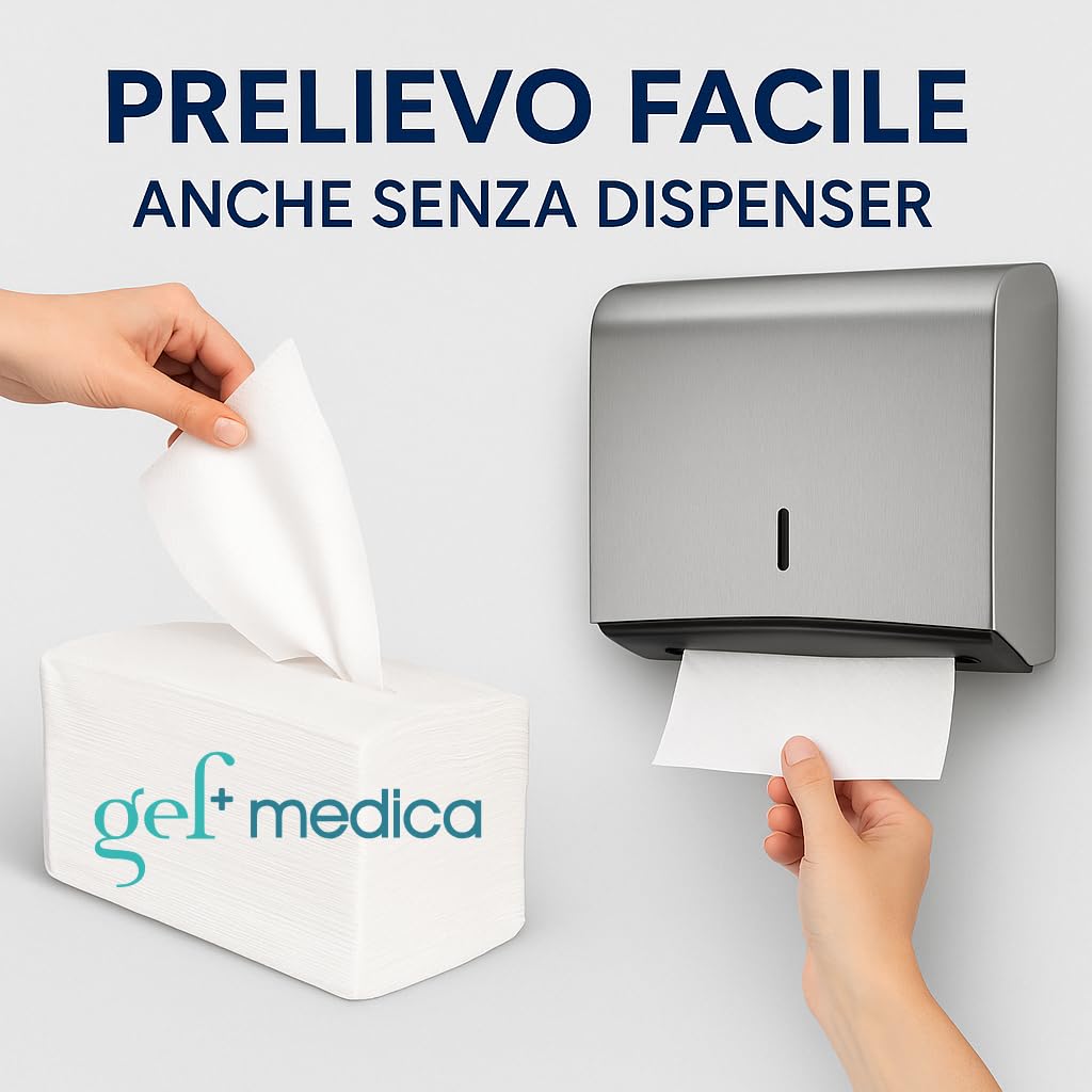 gef + medica Asciugamani Piegati a V 2 Veli in Pura Cellulosa, 200 fogli x 15 confezioni (3.000 fogli) - Compatibili Dispenser a Muro, Prelievo Facile dal Pacchetto, Confezione da 2