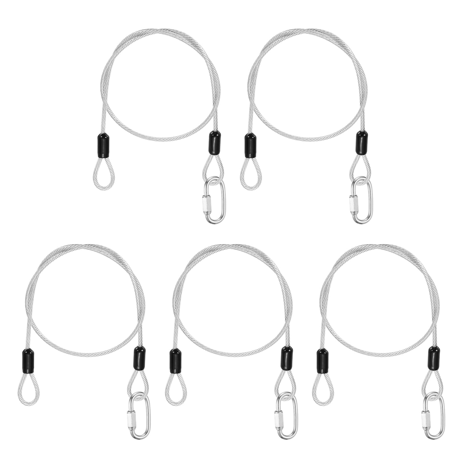 PATIKIL Security Cable Lock (1/8" Dia 1.6ft, Clear)(5 Set) Vinyl Coated 304 Stainless Steel Double Loop Flexible Wire Rope Safety Cable with Quick Links Locking Connectors
