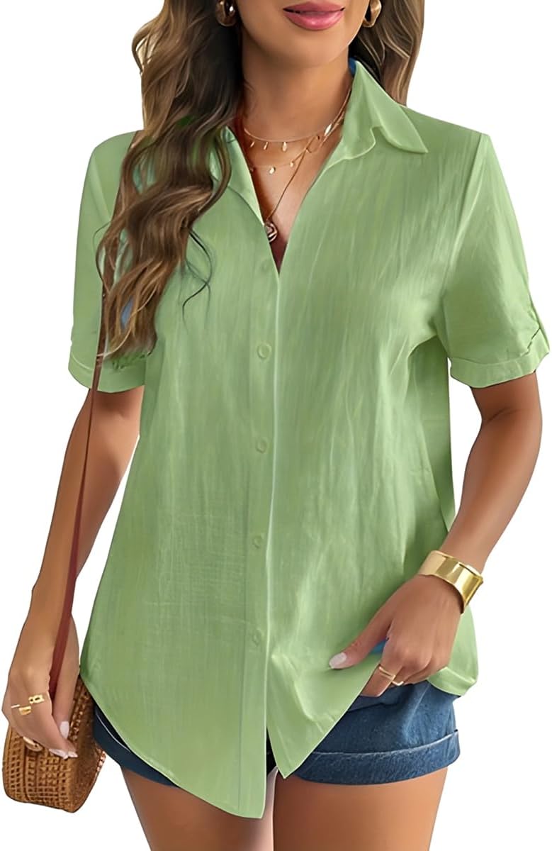 WINKEEY Women’s Linen Button Down Shirt V-Neck Blouse Rolled Cuffed Short Sleeve Tee Shirt Solid Color Tops