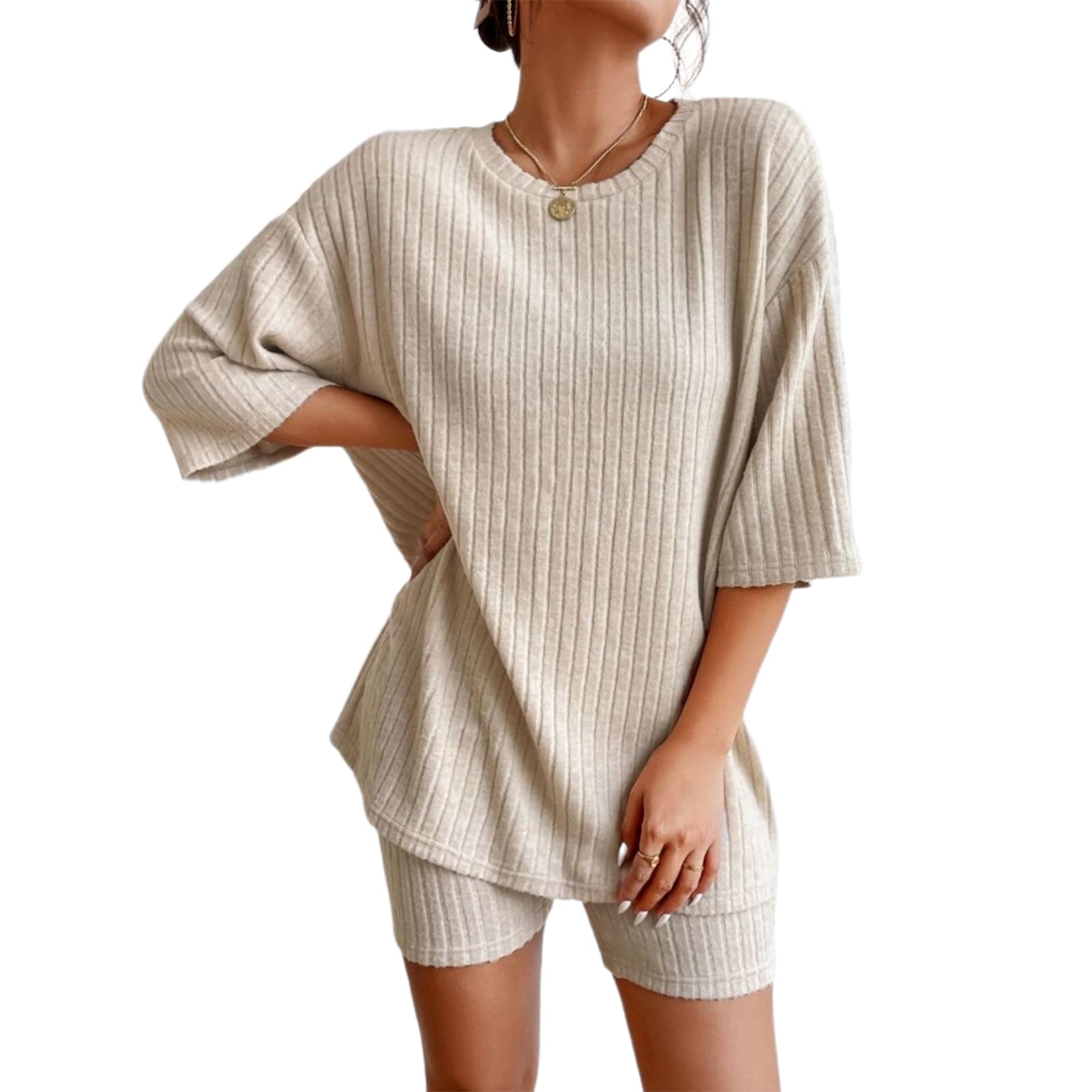 AzazazaWomen 2 Piece Lounge Sets Ribbed Short Sets Summer Oversized Short Sleeve Tops and Cycling Shorts Suit Gym Tracksuits Set Loungewear Pajamas Sets