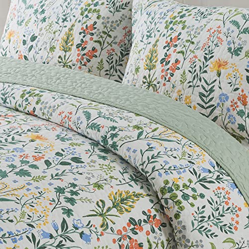 NEWLAKE Cotton Bedspread Quilt Sets-Reversible Patchwork Coverlet Set, Green Classic Floral Pattern, King Size