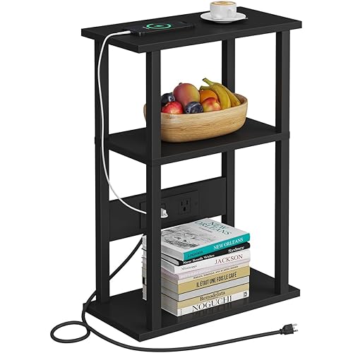 Narrow Side Table with Charging Station, 7.87" Skinny End Table for Small Spaces, Sofa Beside Table with Storage Shelf, Slim Nightstand with USB Ports Outlet, Couch Table Black UTBT003H