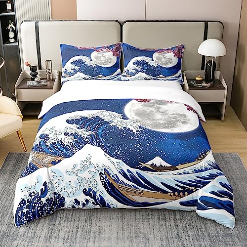 Homewish 100% Washed Cotton Japanese Style Duvet Cover,Japan Ukiyoe Bedding Set,Nautical Ocean Wave Comforter Cover for Kids Adult,Pink Cherry Blossom Bed Sets with 2 Pillowcases,King