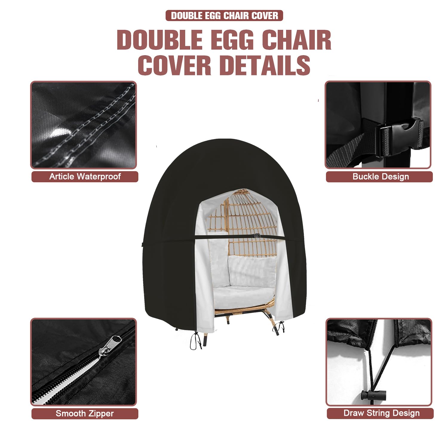 Funda para silla de huevo doble, impermeable, para colgar en el patio, con cremallera extragrande, columpio de mimbre para exteriores, muebles de mimbre para exteriores, fundas para sillas de 2